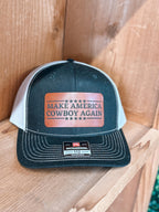 men’s patch hat - make America cowboy again - leather patch hat - Richardson 112 - custom trucker hat - custom leather patches - men’s gift