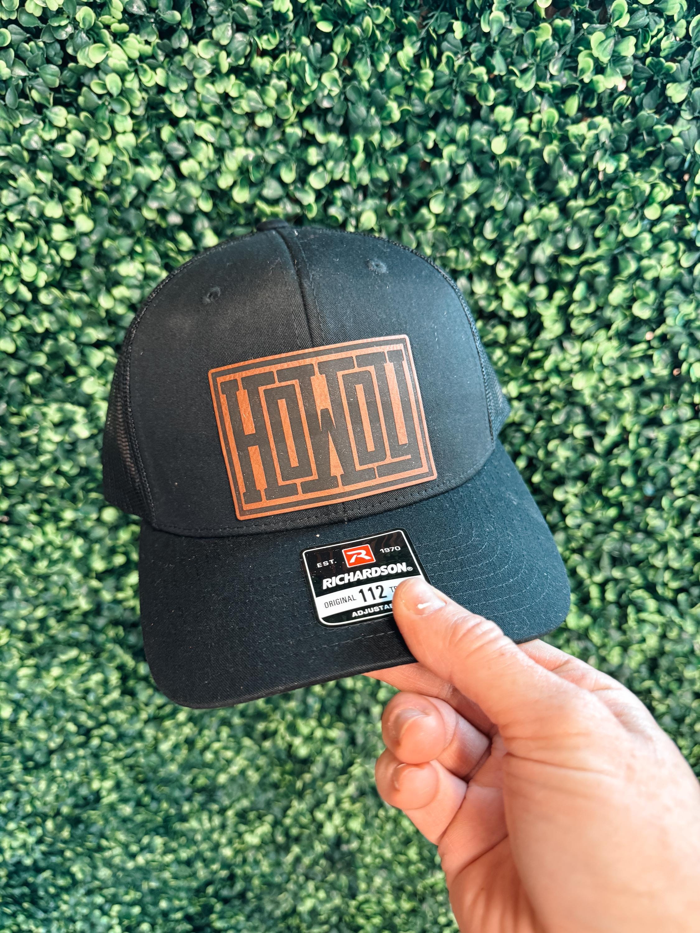 men’s patch hat - howdy patch hat - leather patch hat - Richardson 112 - custom trucker hat - custom leather patches - men’s gift