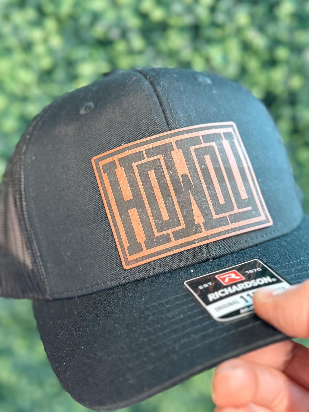 men’s patch hat - howdy patch hat - leather patch hat - Richardson 112 - custom trucker hat - custom leather patches - men’s gift