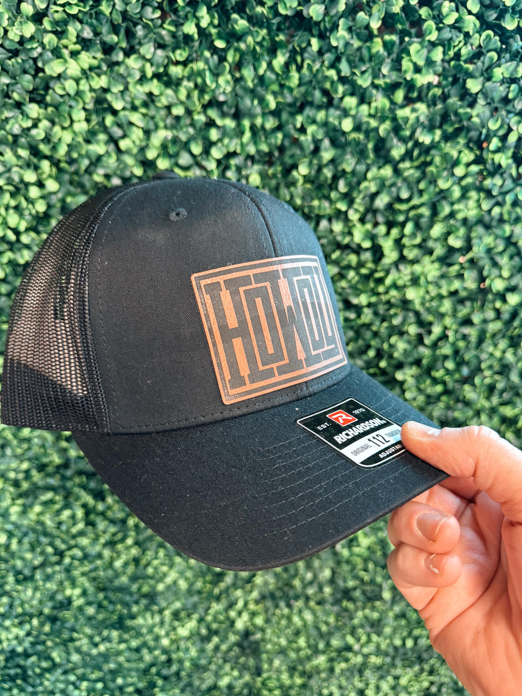 men’s patch hat - howdy patch hat - leather patch hat - Richardson 112 - custom trucker hat - custom leather patches - men’s gift
