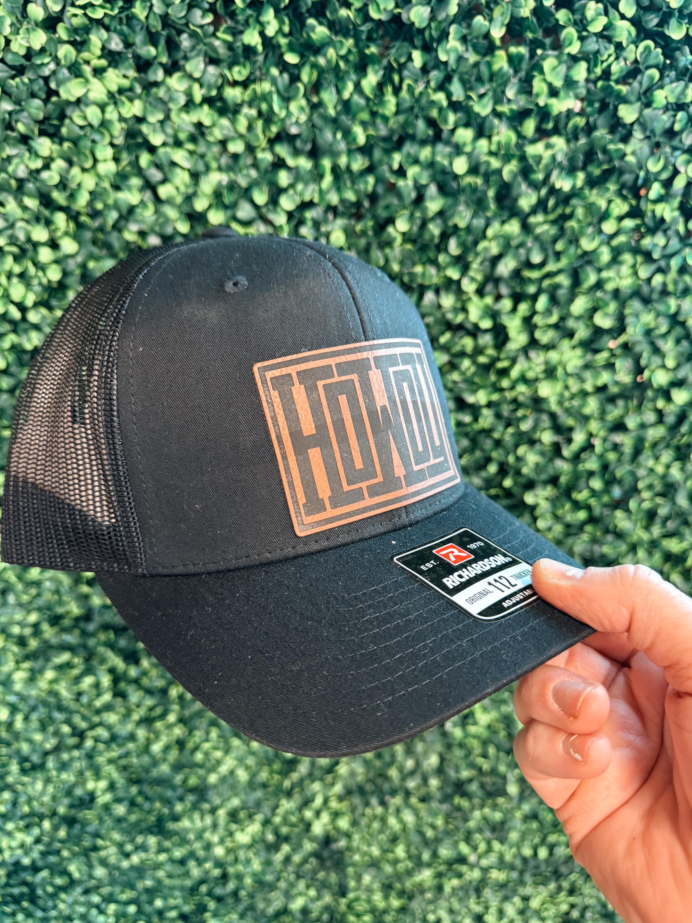 men’s patch hat - howdy patch hat - leather patch hat - Richardson 112 - custom trucker hat - custom leather patches - men’s gift